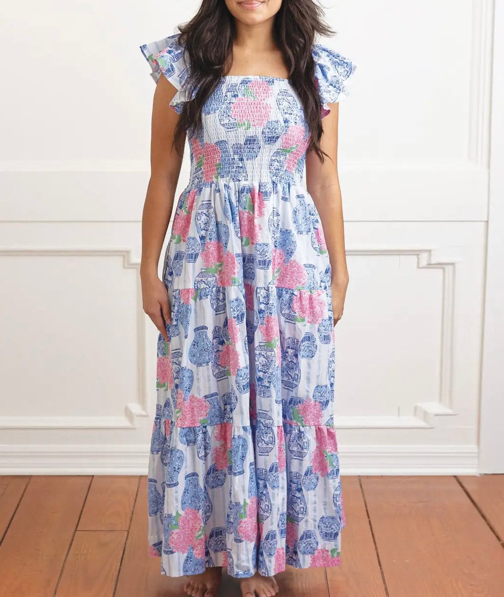 Blue Ginger Jar Smocked Maxi Dress Peaches and Tortilla Mercantile